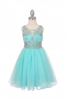 Aqua Sleeveless Tulle Junior Bridesmaid Dress with Exquisite Beading Design